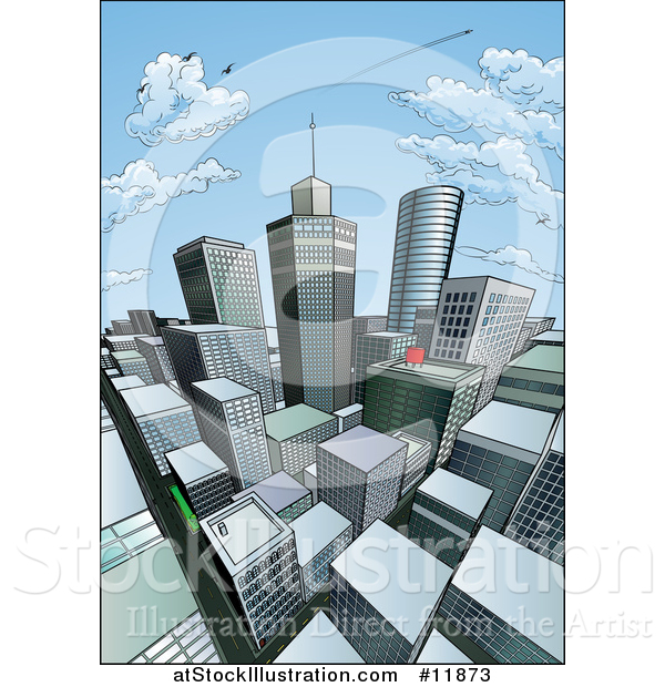 Vector Illustration of a Pop Art Comic Book Styled Scene of City Skyscrapers