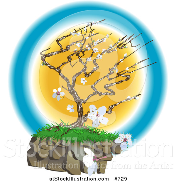Vector Illustration of a Pretty Japanese Tree with White Blossoms