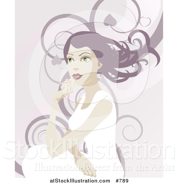 Vector Illustration of a Pretty Woman with Long Hair, Looking off into the Distance over a Background of Swirls