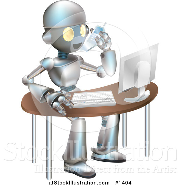 Vector Illustration of a Professional Metallic Robot Character Talking on a Cell Phone and Working on a Computer at an Office Desk