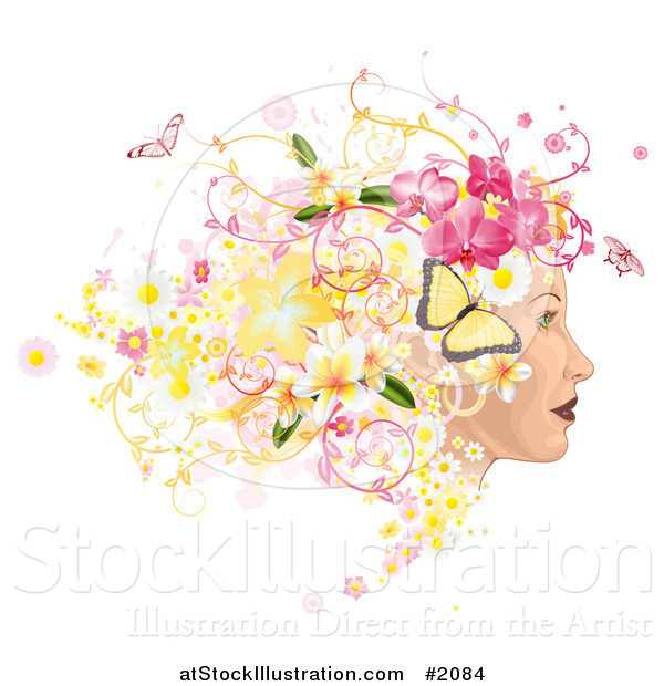 Vector Illustration of a Profiled Woman's Face with Floral, Butterfly and Grunge Hair