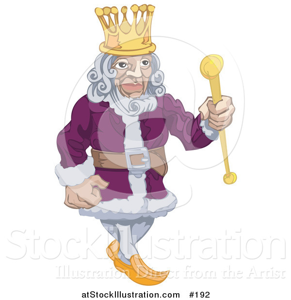 Vector Illustration of a Proud King in a Purple Robe, Holding a Staff and Wearing a Crown