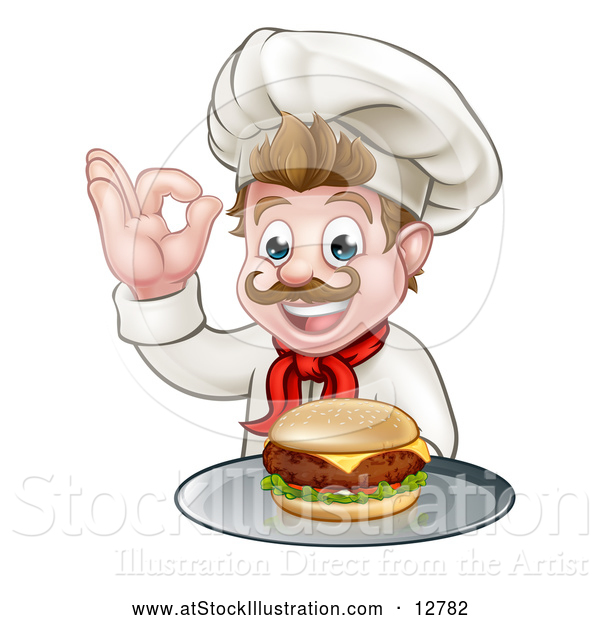 Vector Illustration of a Proud White Male Chef Gesturing Okay While Presenting Cheeseburger on a Tray