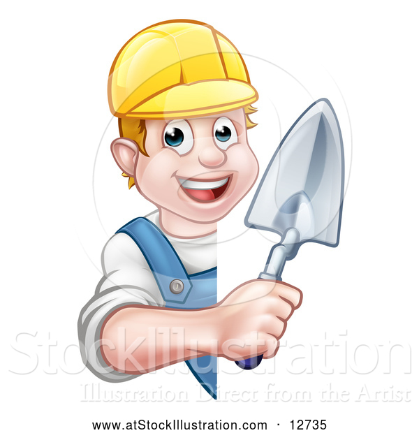 Vector Illustration of a Proud White Male Mason Worker Posing with a Trowel