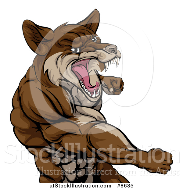 Vector Illustration of a Punching Brown Muscular Coyote Man