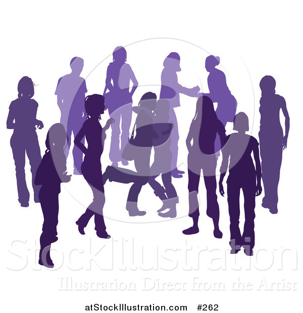 Vector Illustration of a Purple Group of Silhouetted People Hanging out in a Crowd, Two Friends Hugging