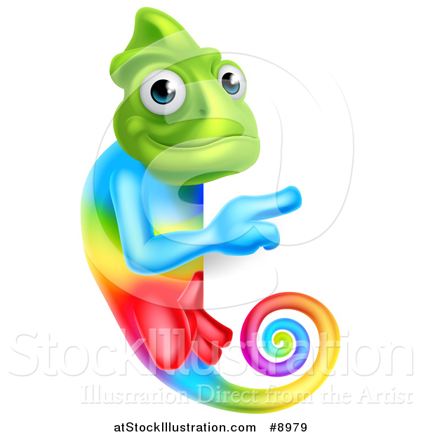Vector Illustration of a Rainbow Chameleon Lizard Pointing Around a Sign