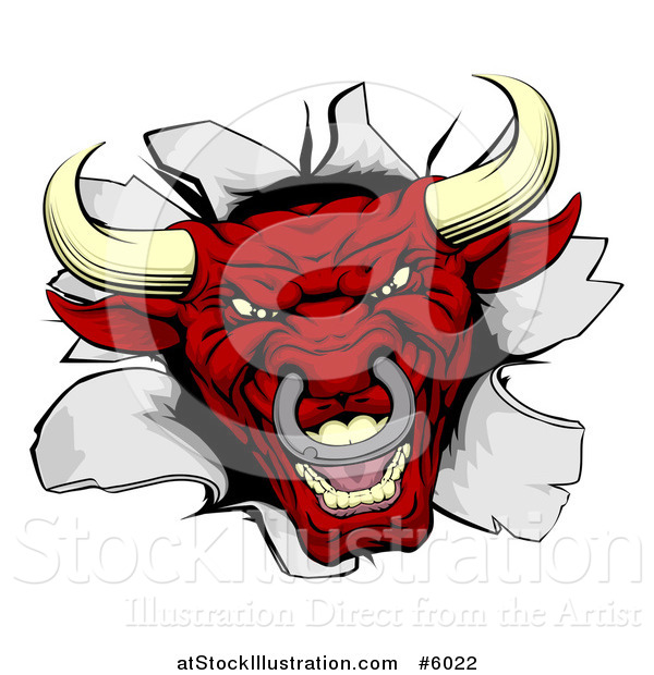 Vector Illustration of a Red Aggressive Bull Breaking Through a Wall