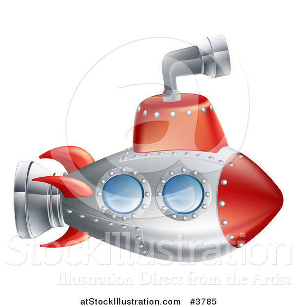 Vector Illustration of a Red and Silver Submarine with a Periscope