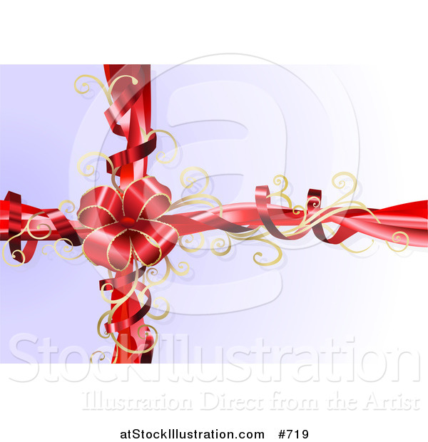 Vector Illustration of a Red Bow with Gold Trim and Curly Ribbons on a Present