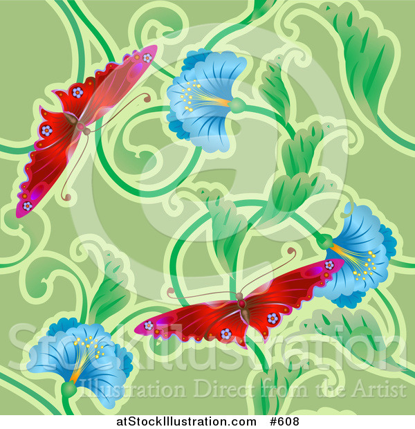 Vector Illustration of a Red Butterflies and Blue Flower Background