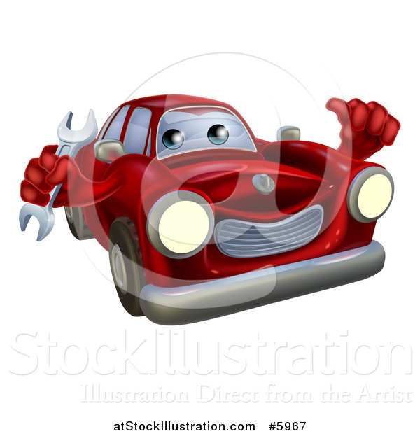 Vector Illustration of a Red Car Character Mechanic Holding a Wrench and Thumb up