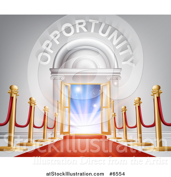 Vector Illustration of a Red Carpet and Posts Leading to a Doorway with Bright Light and Opportunity Text