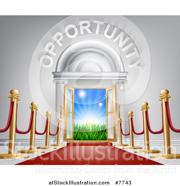 Vector Illustration of a Red Carpet and Posts Leading to a Doorway with Grass and Sunshine and Opportunity Text