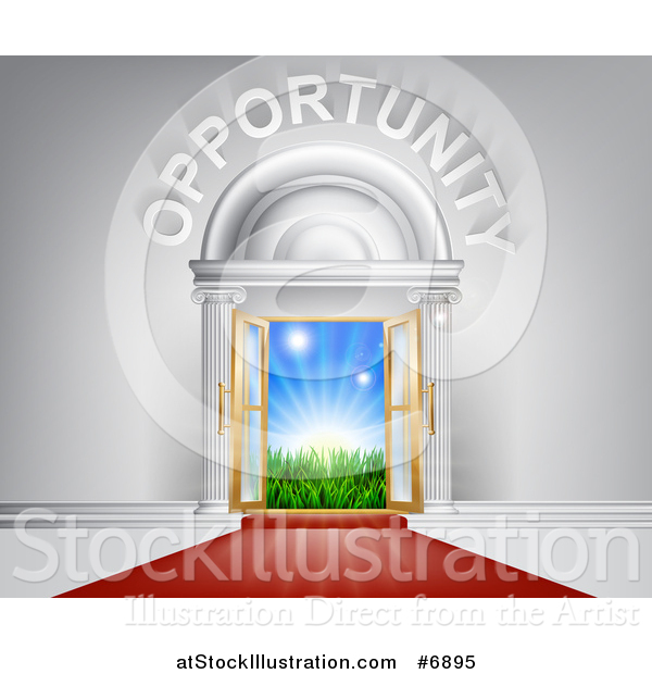 Vector Illustration of a Red Carpet Leading to a Doorway with Grass and Sunshine and Opportunity Text