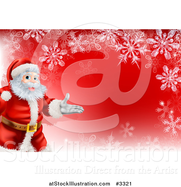 Vector Illustration of a Red Christmas Background with Santa Presenting and a Snowflake Border