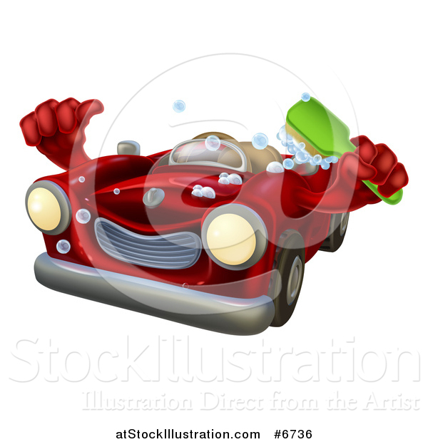 Vector Illustration of a Red Convertible Car Character Holding a Thumb up and a Scrub Brush