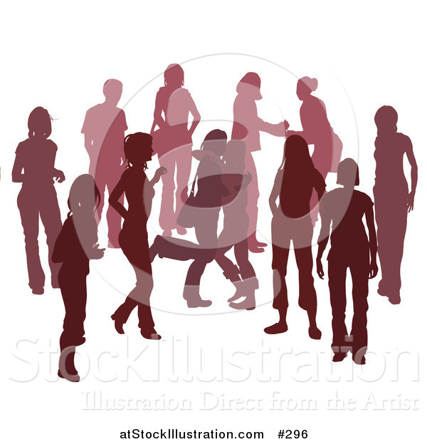 Vector Illustration of a Red Group of Silhouetted People Hanging out in a Crowd, Two Friends Hugging