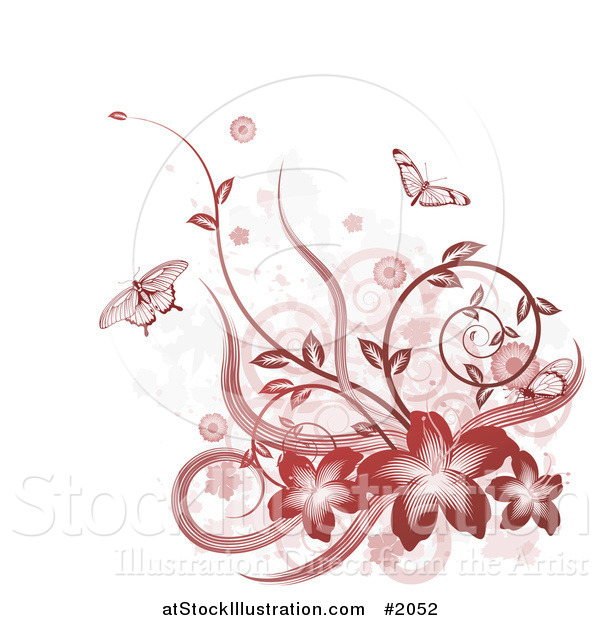 Vector Illustration of a Red Hibiscus, Butterfly, Vine and Grunge Design Element