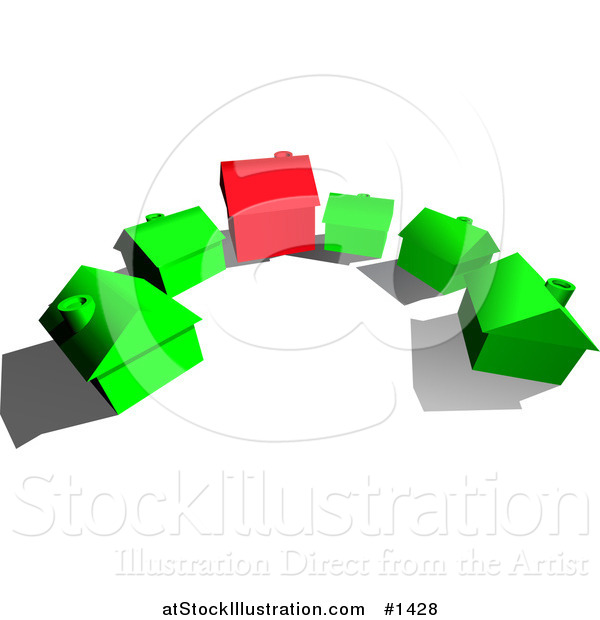 Vector Illustration of a Red House in the Center of Green Houses in a Cul De Sac