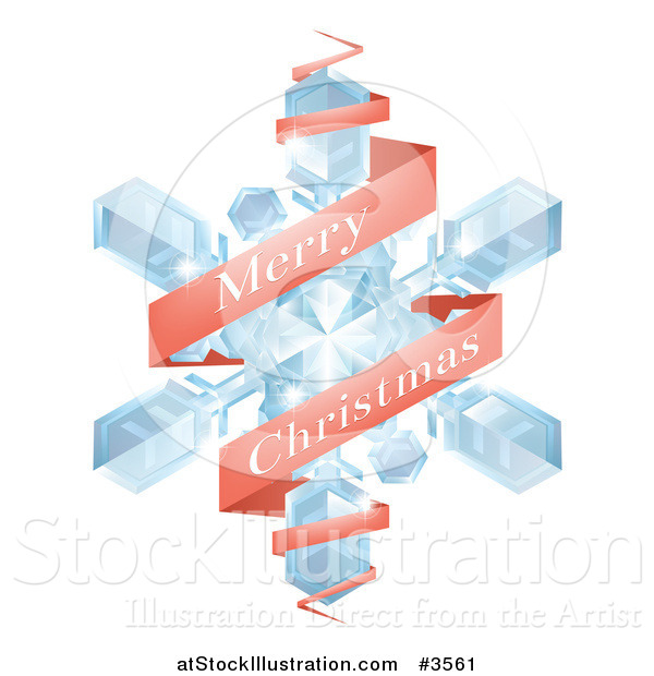 Vector Illustration of a Red Merry Christmas Greeting Banner Around a Snowflake
