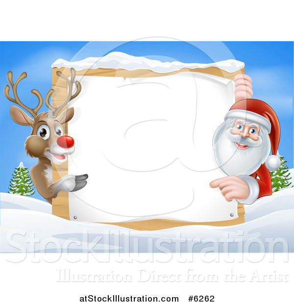Vector Illustration of a Red Nosed Reindeer and Santa Pointing Around a Christmas Wood Sign on a Winter Day