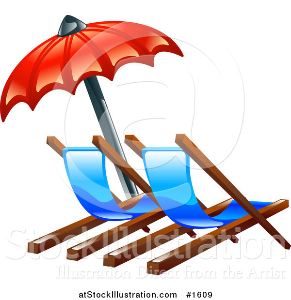 Vector Illustration of a Red Umbrella over Two Beach Lounge Chairs