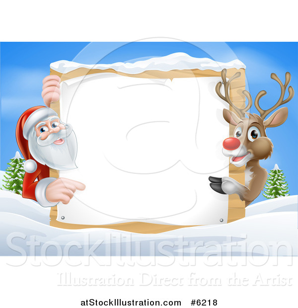 Vector Illustration of a Reindeer and Santa Pointing Around a Christmas Wood Sign in the Snow Against Blue Sky