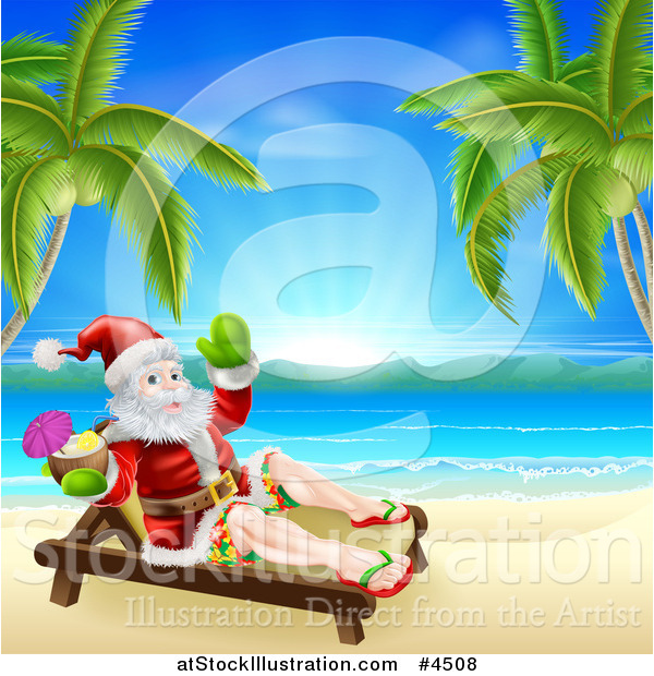 Vector Illustration of a Relaxed Santa Holding a Cocktail and Sun Bathing on a Tropical Beach