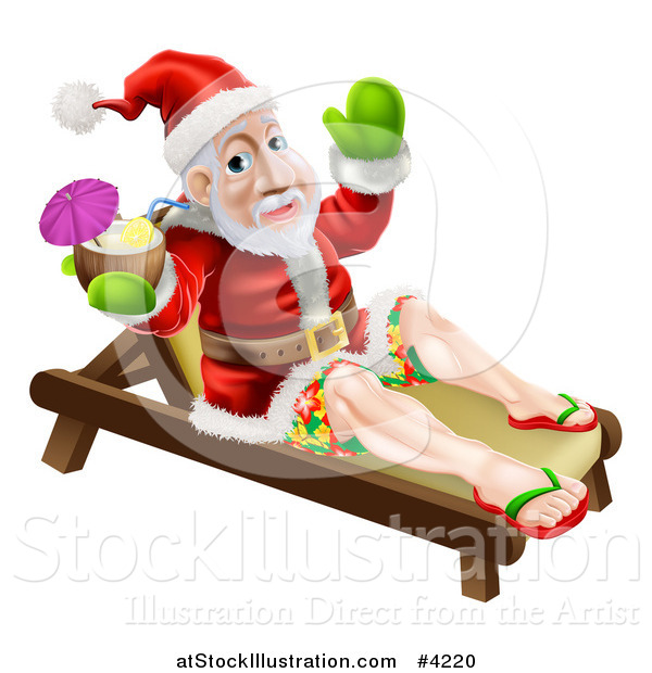 Vector Illustration of a Relaxed Santa Holding a Cocktail on a Beach Lounge Chair