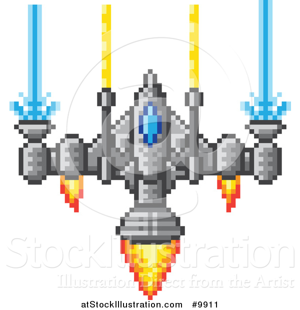 Vector Illustration of a Retro 8 Bit Pixel Art Video Game Styled Spaceship