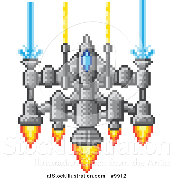 Vector Illustration of a Retro 8 Bit Pixel Art Video Game Styled Spaceship