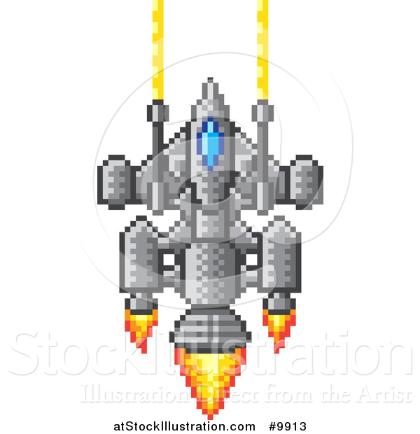 Vector Illustration of a Retro 8 Bit Pixel Art Video Game Styled Spaceship