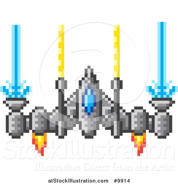 Vector Illustration of a Retro 8 Bit Pixel Art Video Game Styled Spaceship