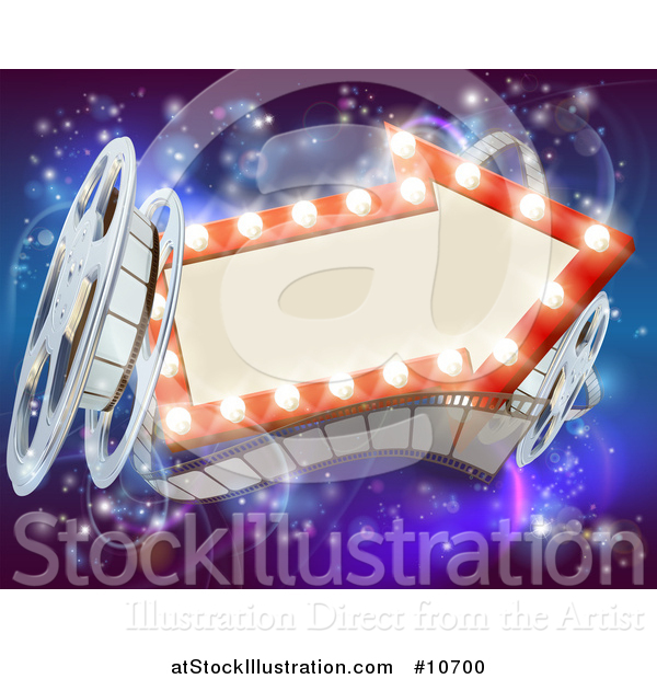 Vector Illustration of a Retro Arrow Marquee Theater Sign with Light Bulbs, Film Reels and Clapper Board over Magical Lights