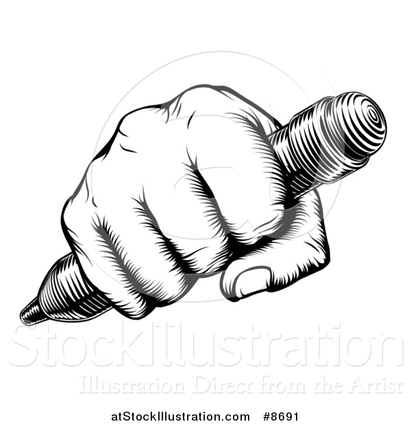 Vector Illustration of a Retro Black and White Woodcut or Engraved Fisted Hand Holding a Pencil