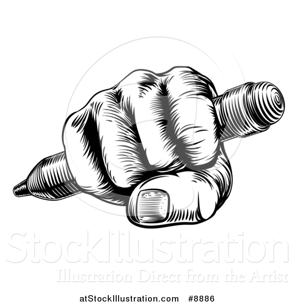 Vector Illustration of a Retro Black and White Woodcut or Engraved Fisted Hand Holding a Pencil