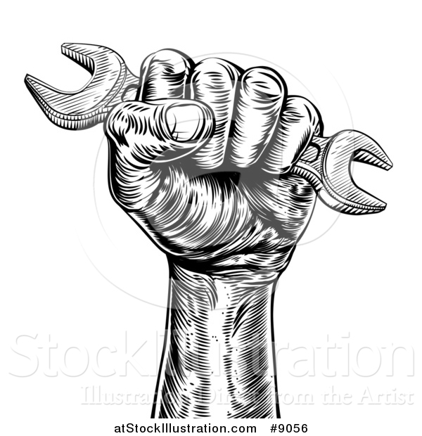 Vector Illustration of a Retro Black and White Woodcut or Engraved Fisted Hand Holding up a Spanner Wrench