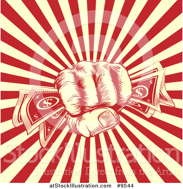 Vector Illustration of a Retro Engraved Revolutionary Fist Holding Money over a Red and Yellow Burst