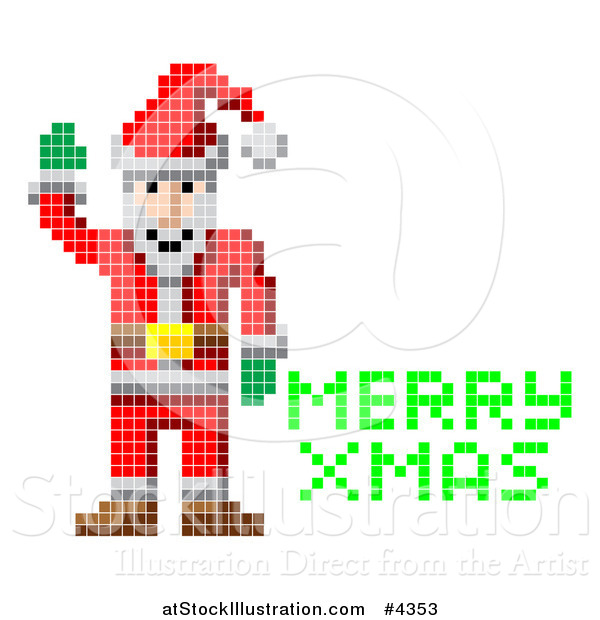Vector Illustration of a Retro Pixelated Santa and Green Merry Xmas Text