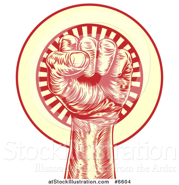 Vector Illustration of a Retro Red and Yellow Engraved Revolutionary Fist over a Circle of Rays