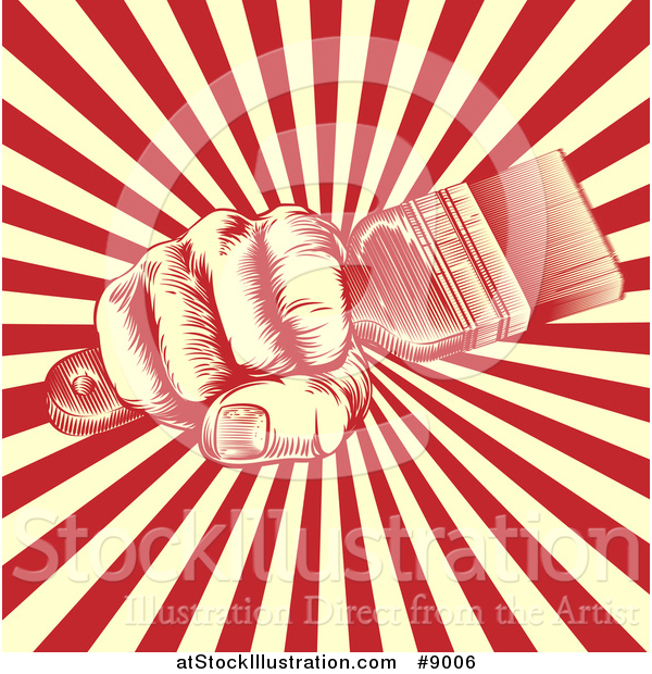 Vector Illustration of a Retro Woodcut Fist Holding a Paintbrush over Yellow and Red Rays