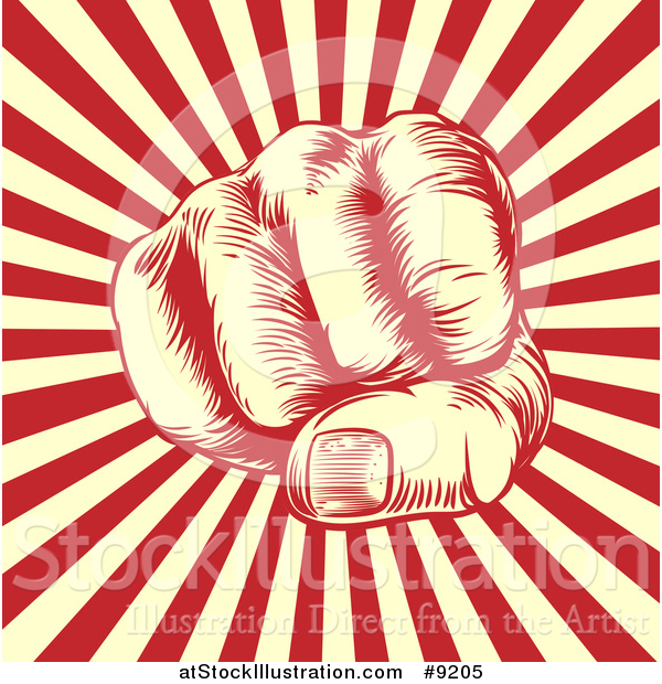 Vector Illustration of a Retro Woodcut or Engraved Revolutionary Fist over Beige and Red Rays