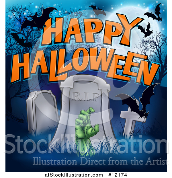 Vector Illustration of a Rising Zombie Hand in a Cemetery, with Happy Halloween Text and Bats