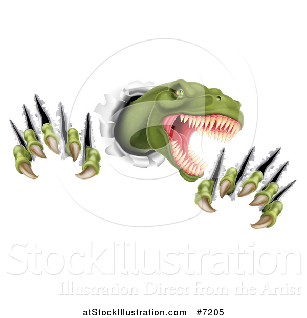 Vector Illustration of a Roaring Green Tyrannosaurus Rex Dinosaur Slashing Through Metal