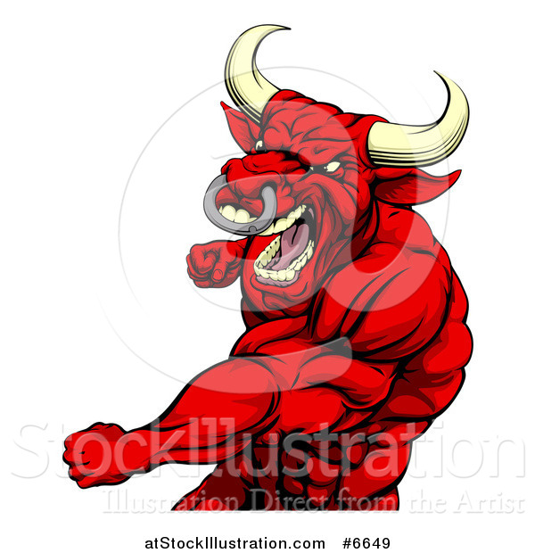 Vector Illustration of a Roaring Muscular Red Bull Man or Minotaur Mascot Punching