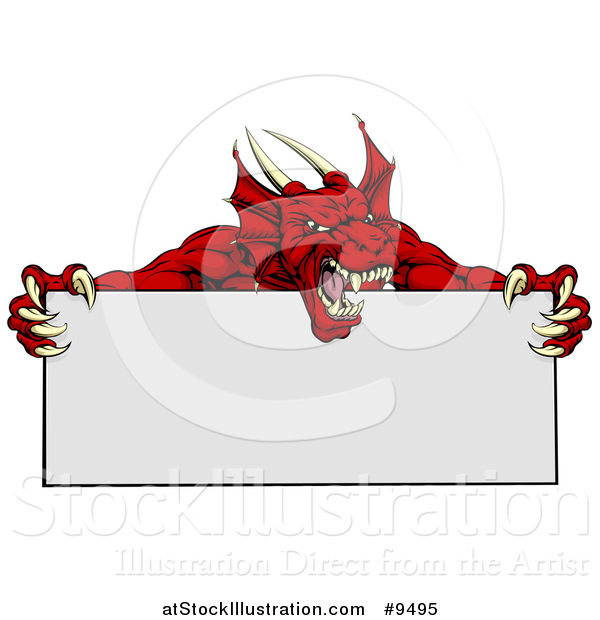 Vector Illustration of a Roaring Red Horned Dragon Mascot Holding a Blank Sign