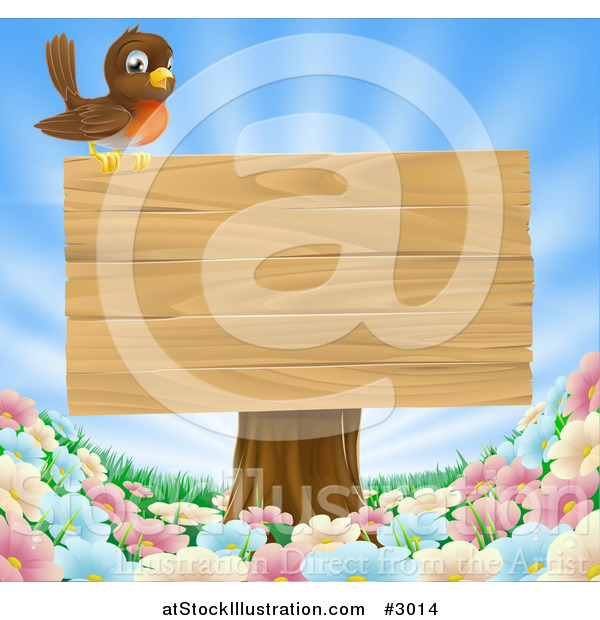 Vector Illustration of a Robin Perched on a Blank Wood Sign on a Tree Stump over Spring Flowers