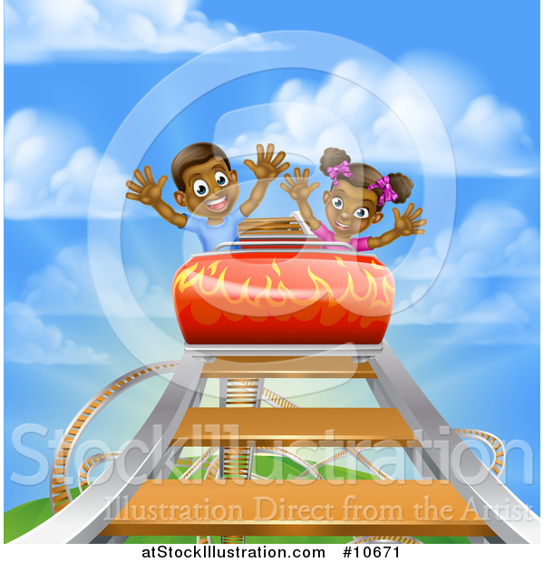 Vector Illustration of a Roller Coaster Ride, Against a Blue Sky with Clouds