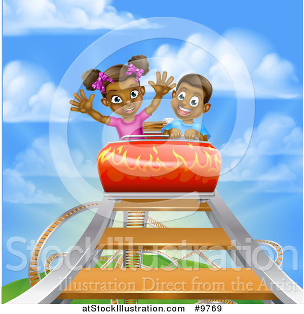 Vector Illustration of a Roller Coaster Ride, Against a Blue Sky with Clouds